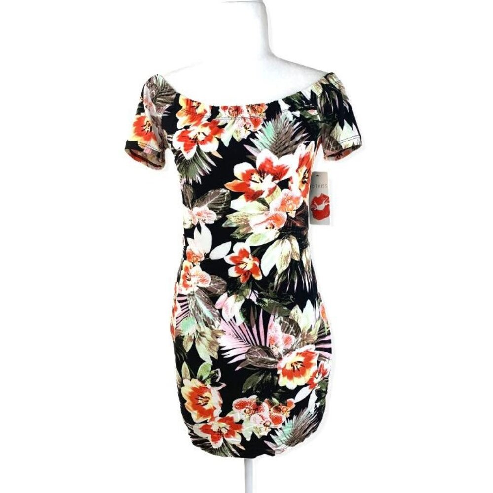 HOT KISS Junior's Mini Bodycon Shoulderless Short Sleeve Dress Black/Multicolor